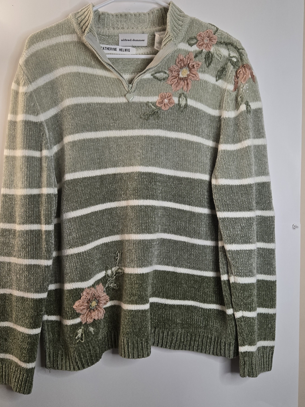 Alfred Dunner Women's Green Striped Embroidered Quarter-Zip Sweater